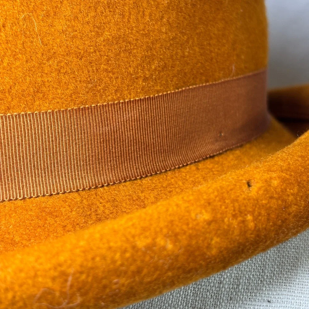 Vintage Union Made Wool Felt Bowler Derby Hat Burnt Orange Grosgrain Ribbon Bow - Picture 6 of 10